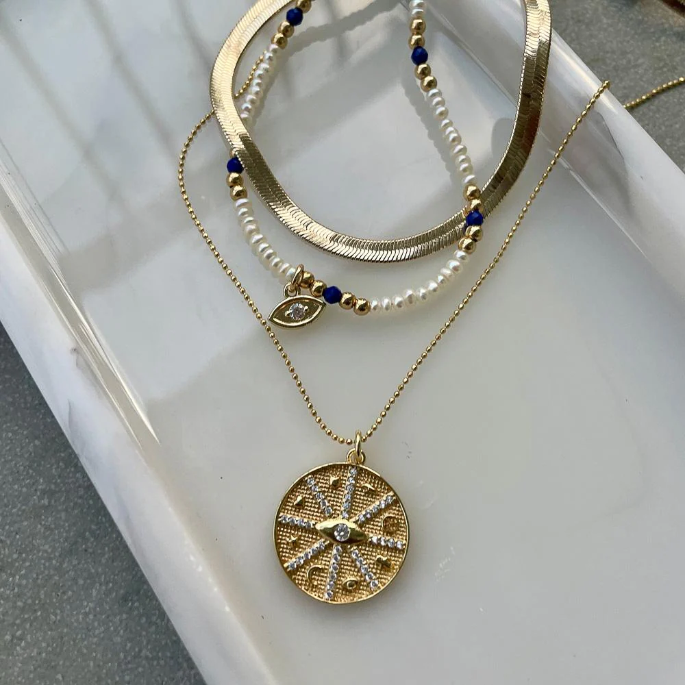 Pearl Lapis Gold Bead Necklace - Image 3